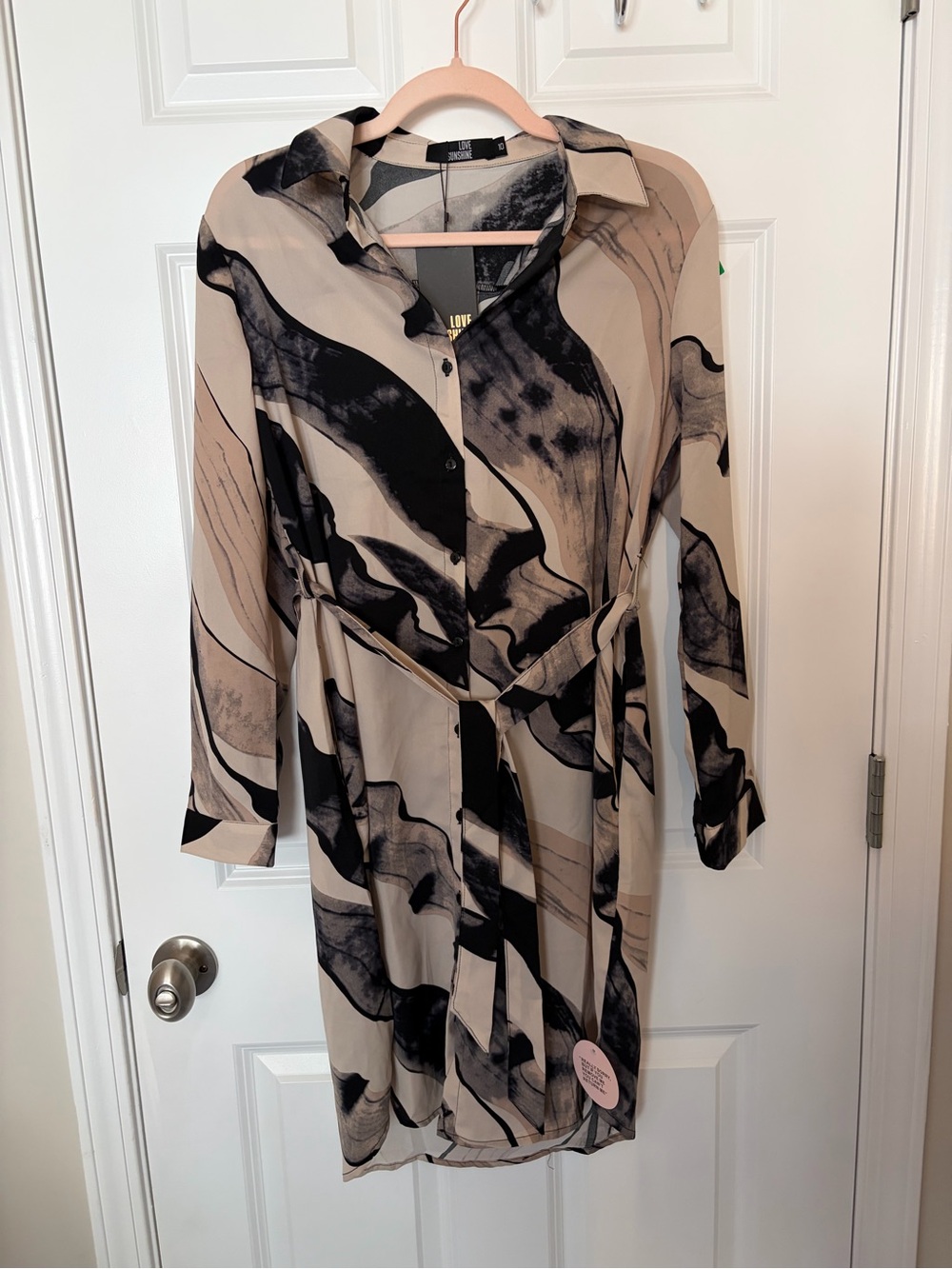 Love Sunshine Beige Abstract Brushstroke Print Shirt Dress Office Classy 10 NWT!